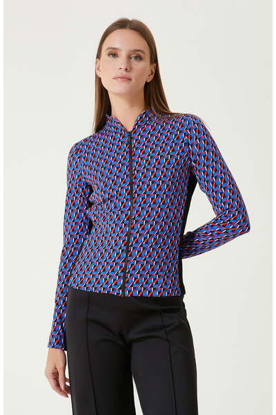 Network Mavi Kırmızı Beyaz Geometrik  Desenli Triko Garnili  Sweatshırt