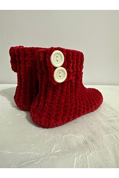 MERUT STYLE HAYATINI RENKLENDİR El örgüsü kadife ip kırmızı düğme detaylı ev botu panduf