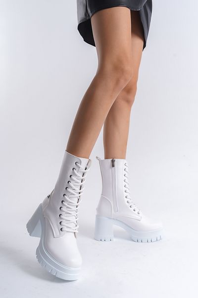 SEEM & BE Reina Thick Heeled Lace-Up Women's White Boots