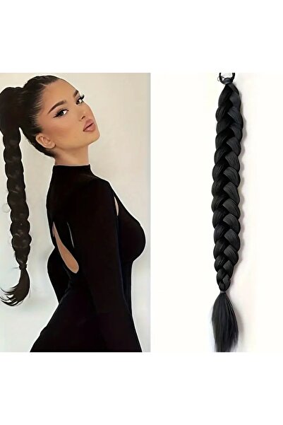 NİLZ İthal lüx siyah saç postiş örgü saçlı lastik tokalı saç postiş 65 cm