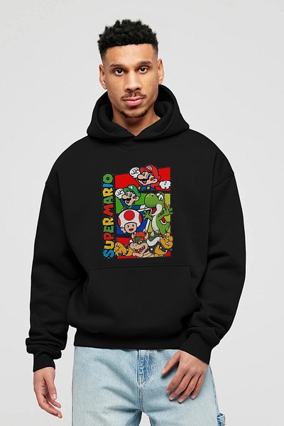 Ankhises Hanorac negru oversize cu glugă cu imprimeu în față Super Mario Bărbați Femei