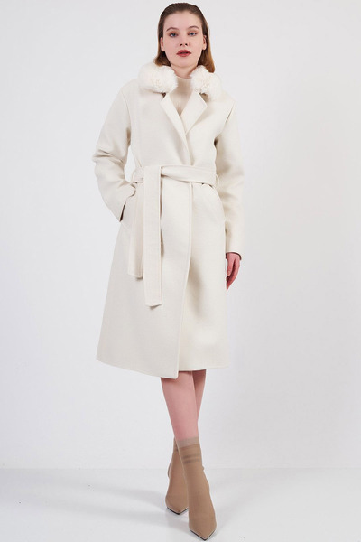 MissThetis Kürklü Geniş Ceket Yaka Uzun Düğmeli Kol Cepli Kuşaklı Astarlı Şık...