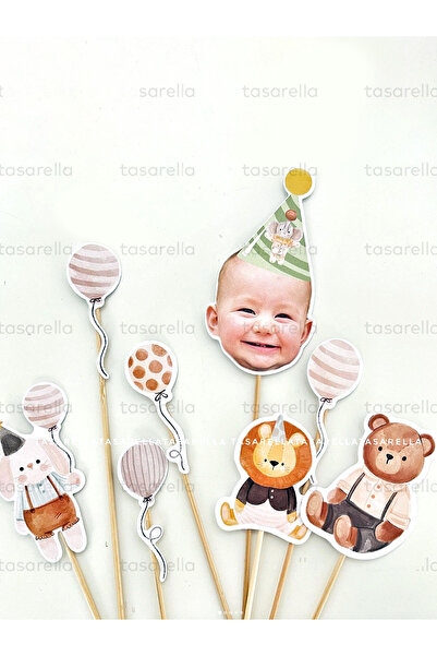 Balonlu Orman Hayvanları Temalı Fotoğraflı Doğum Günü Pasta Süsleri (1 Set)