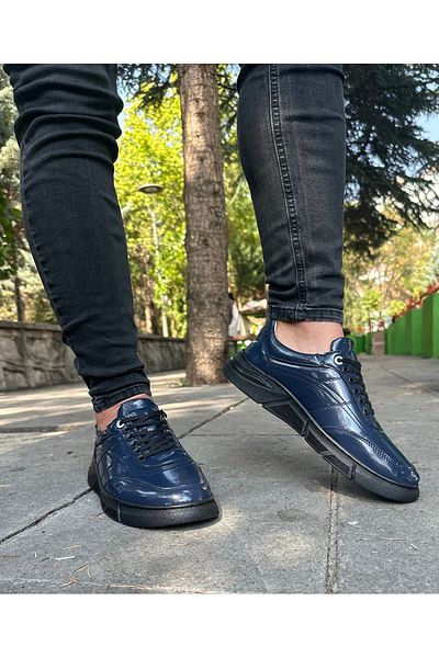 Bonjey Pantofi casual pentru bărbați, albastru bleumarin, piele plată, cu șireturi, piele artificială hidrofugă, mărimea 40 44