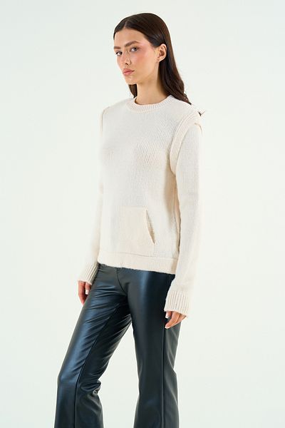 Qu Style Pulover cu umăr vertical cu buzunar crem TK 241138