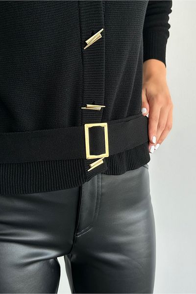 Qu Style Black Belted Cardigan Th 241025