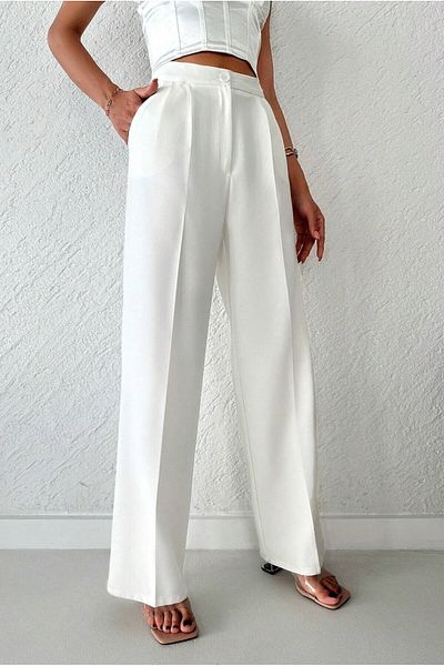 KaSheHa White New Season Pleated Double Fabric Palazzo Pants 103 cm