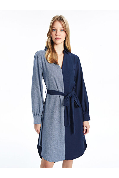 LC Waikiki Navy Blue Shirt Collar Color Block Dress