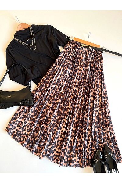 Hepsi Moda Ln Leopard Print Pleated Skirt - Brown