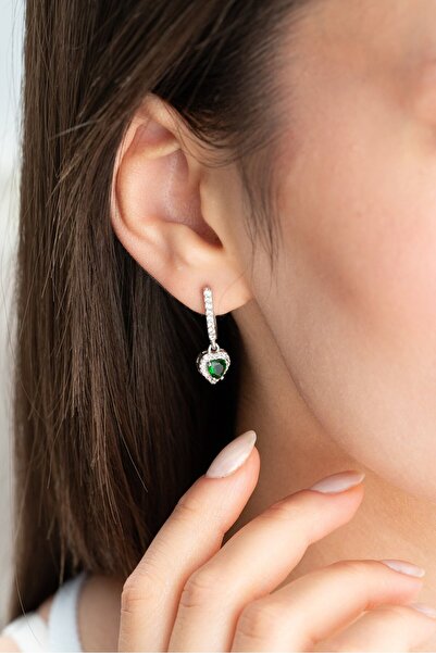 ESSARE 925 Ayar Gümüş Rodyum Kaplama Sallantılı U Model Yeşil Damla Taşlı Küpe