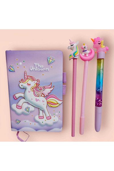izmir yazici servis Unicorn Notepad Puffy Cover - Pencil Gel Pen Ballpoint Pen Gift Set