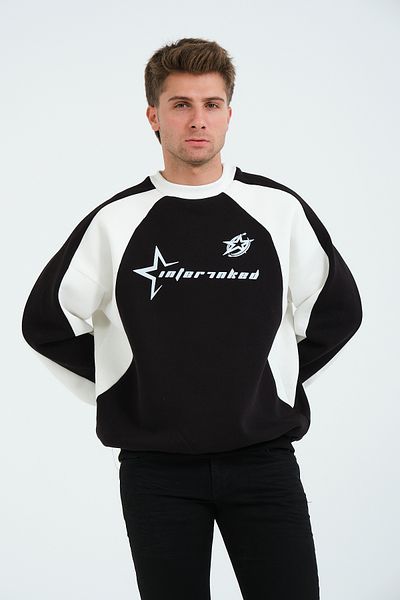 3 ROPE Retro Star Oversize Unisex 3 Thread Fleece Sweatshirt Black