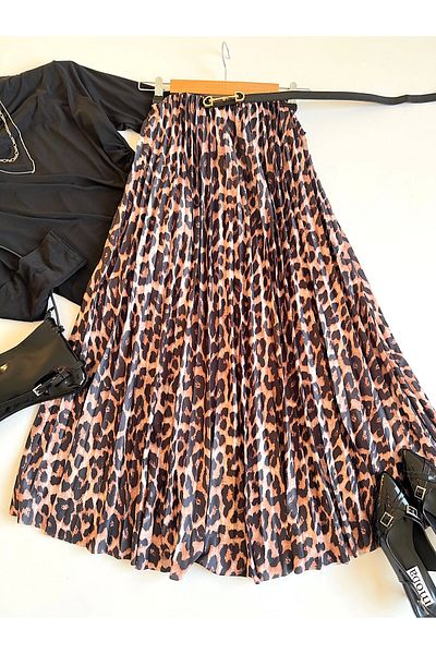 Hepsi Moda Ln Leopard Print Pleated Skirt - Brown