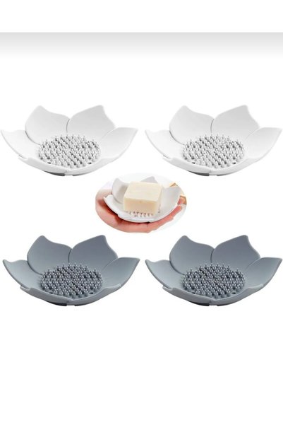 meyre 2 Pieces Lotus Patterned Solid Stylish Silicone Soap Dish with Drain Bathroom Organizer Gray Color