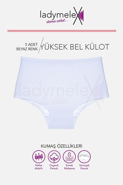 LadyMelex Chiloți pentru femei, slip cu talie înaltă, alb (S-M-L-XL-2XL-3XL) Pachet de 5 țesături 100% moale