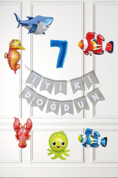 PEKSHOP Su Altı Canlıları Doğum Günü Balon Süsleme Seti Bannerlı Yaş Balonlu ...