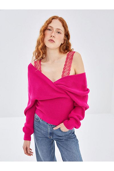 LC Waikiki Fuchsia Double Breasted Collar Women's Knitwear Sweater