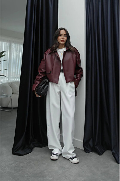 Laleli Butik Μπορντό Κοντό Premium Δερμάτινο Μπουφάν με Μπροστινή Επένδυση με Κουμπιά