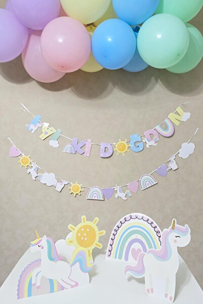 PEKSHOP Gökkuşağı Unicorn Konsept Bannerlı Masa Üstü Pano Setli Balon Zinciri...