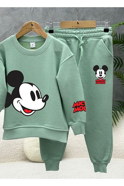 KAPROLLI 100% Cotton Children's Bottom Top Tracksuit Set 3 Thread Rasterless Crew Neck Nursery School Set