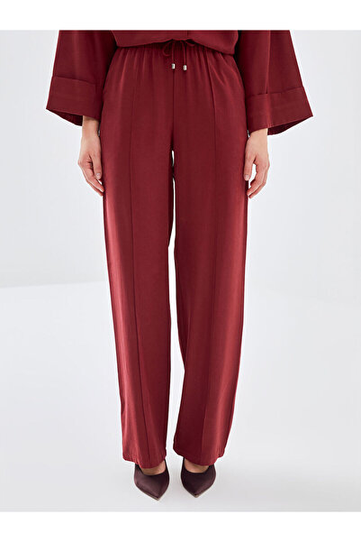 LC Waikiki Burgundy Wide Leg Women's Trousers with Elastic Waist