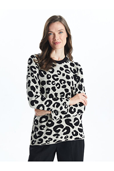 LC Waikiki Ecru Crew Neck Leopard Patterned Women's Knitwear Sweater