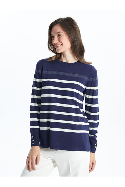 LC Waikiki Γυναικείο πλεκτό πουλόβερ με ρίγες Indigo Crew Neck