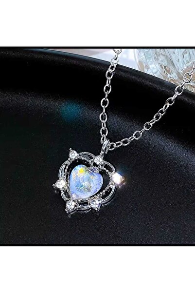 Ayenci Kalpli Opal Taşlı Gümüş Renkli Kolye Paslanmaz 1 Yıl Garantilidr