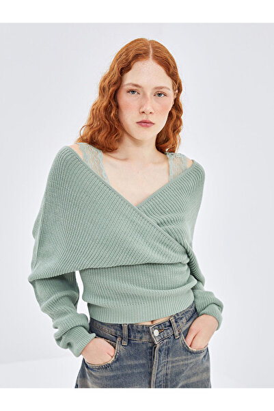 LC Waikiki Yeşil Kruvaze Yaka Kadın Triko Kazak