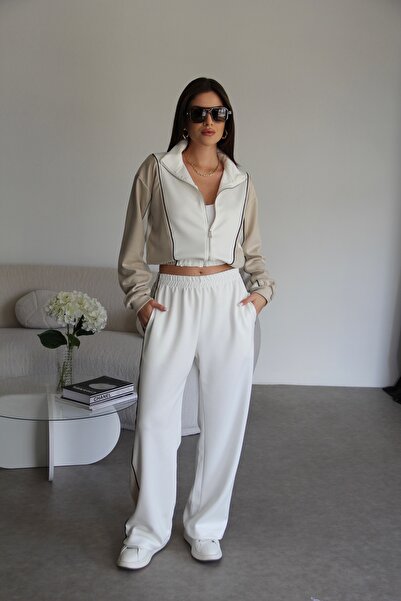 Julidress Екру бежов памучен спортен екип с ивици и цип отпред