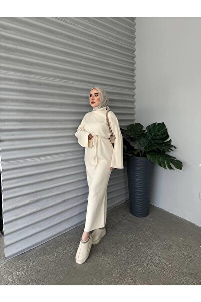 Cardella Ζώνη Λεπτομερές ριμπ πλεκτό φόρεμα Hijab