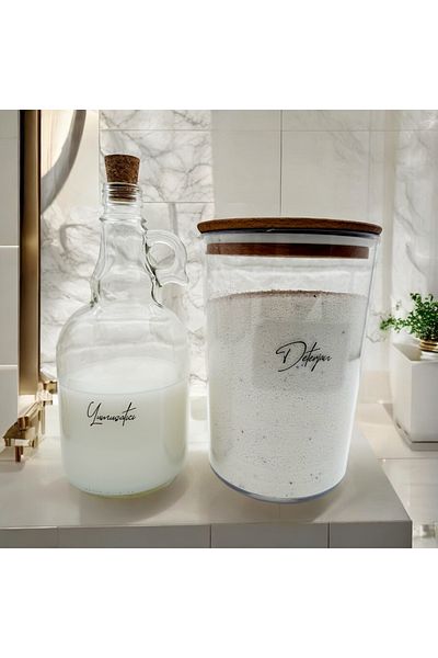 zezedesing Βάζο απορρυπαντικού με ξύλινο καπάκι 2300ML-Μπουκάλι μαλακτικού με καπάκι μανιταριού 1000ML (Διαφανές αυτοκόλλητο)