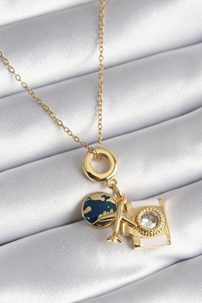 FUDER 316L Çelik Gold Renk Zirkon Taşlı Fotoğraf Makinesi Uçak Dünya Figürlü ...