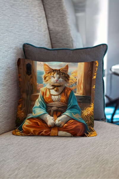 Royalte Animal Themed Cat and Nature Patterned Yellow Color Digital Printed Throw Pillow Pillowcase