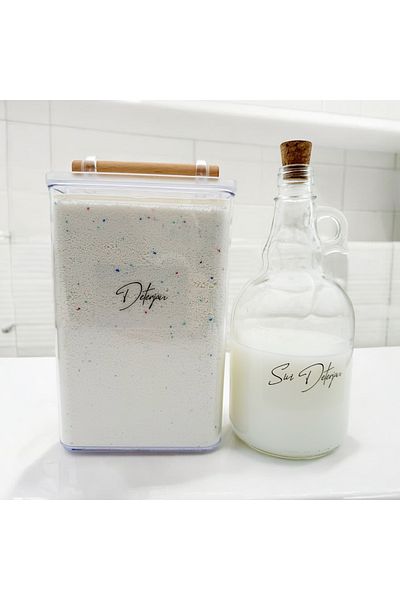 zezedesing Βάζο απορρυπαντικού 2000ML με ξύλινη λαβή - Μπουκάλι με καπάκι μανιταριού 1000ML (Διαφανές αυτοκόλλητο)