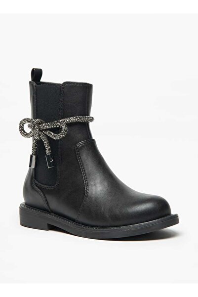 Celeste Girls' Solid Embellished Bow Detail Boots with Gusset and Zip Closure