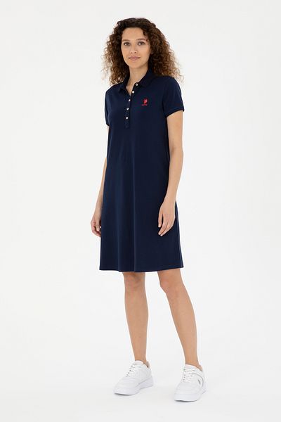 U.S. Polo Assn. Rochie tricotată pentru femei, albastru bleumarin, cu gât polo, mărime mini 50280038-vr033