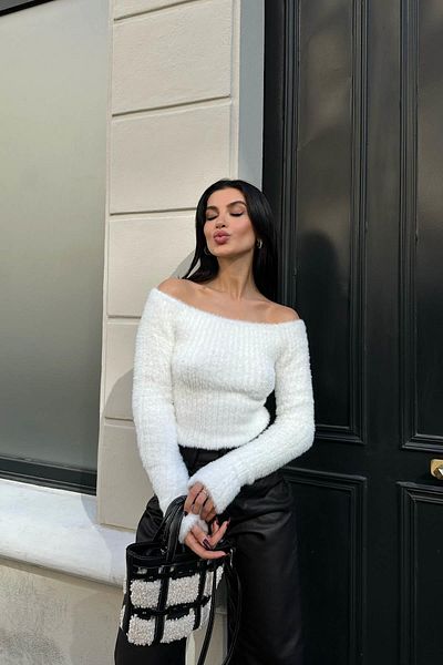 Lusin Γυναικείο εκρού πουλόβερ με λαιμόκοψη Boat Soft Sweater