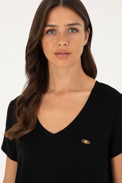U.S. Polo Assn. Tricou de bază negru cu decolteu în V pentru femei 50280019 -VR046