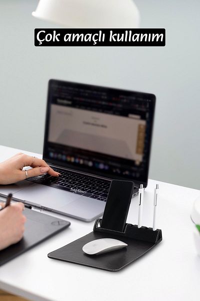 SEDEF SİLVER Faux Leather Mouse Pad with Phone Holder and Pen Holder Compartment |   Stylish and Functional Table Accessory