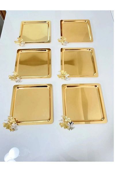 AHİR TİCARET 6-Piece Luxury Square Butterfly Patterned Titanium Plated - Tea, Coffee, Treat Presentation Tray