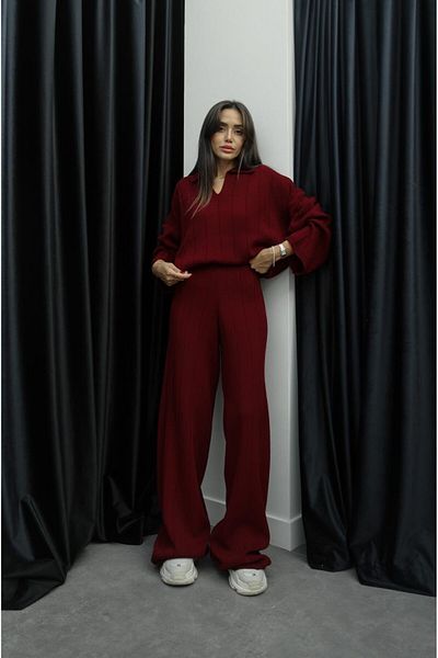 Havoş Claret Red Strip V-Neck Knitwear Set
