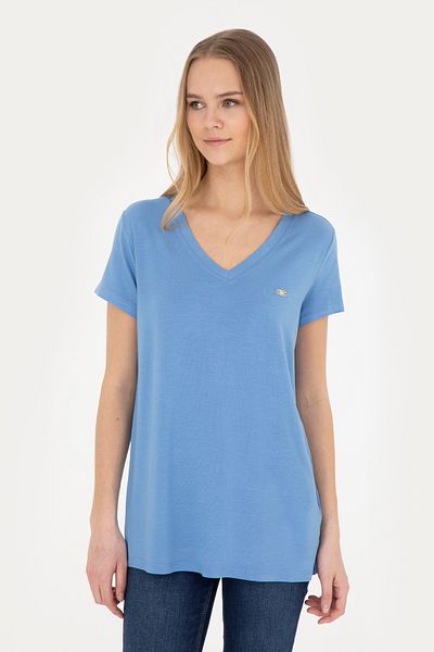 U.S. Polo Assn. Tricou de bază albastru închis cu decolteu în V pentru femei 50280019-vr032