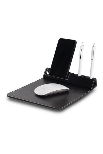 SEDEF SİLVER Faux Leather Mouse Pad with Phone Holder and Pen Holder Compartment |   Stylish and Functional Table Accessory