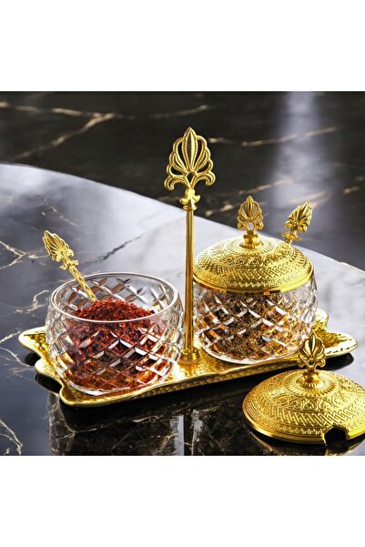 İnova Home Decor Gold Color Metal Stand 2-Piece Spice Bowl Set with Spoon