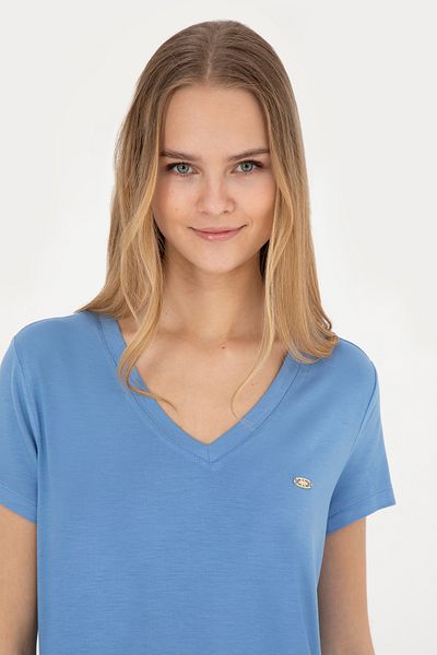 U.S. Polo Assn. Tricou de bază albastru închis cu decolteu în V pentru femei 50280019-vr032