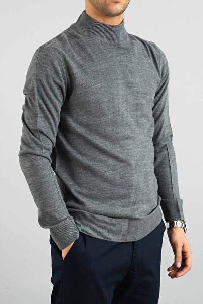 bombe Férfi karcsú szabású fél garbó pamut fél nyakú pulóver kötöttáru pulóver szürke
