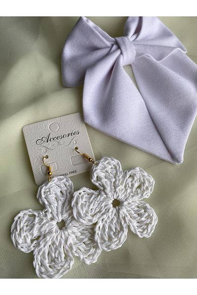 öyküsh collection White Ribbon Roles and Earrings Set