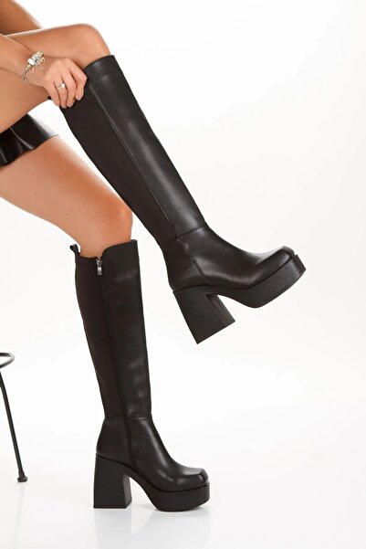 elvinshoes mera kadın siyah streç platform topuk çizme