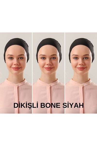 Melodi Scarf Black Hijab Stitched Women's Bonnet Set - 3 Pieces Tie-Up Combed Cotton